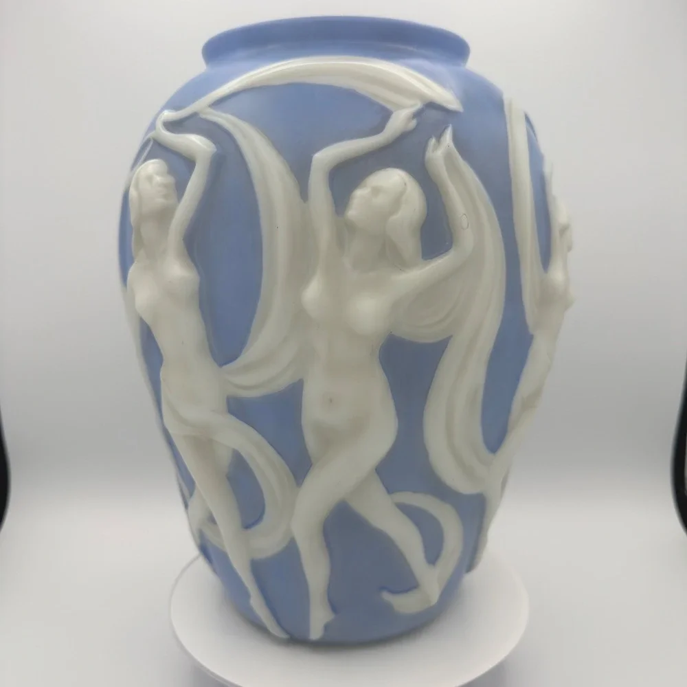 Vintage Phoenix Glass Dancing Ladies Vase Blue White Art Deco Nude Nymph 11.5